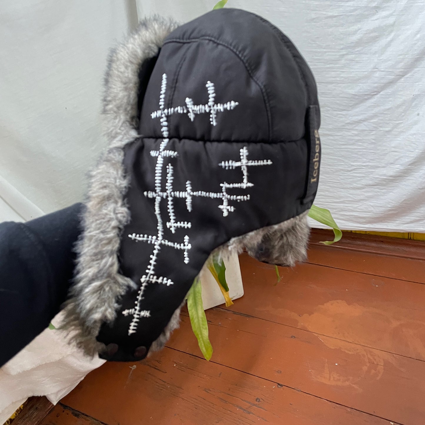 Custom Crosswork Trapper Hat – Black Winter Hat with White Print & Faux Fur | Y2K Alt Streetwear 1 of 1