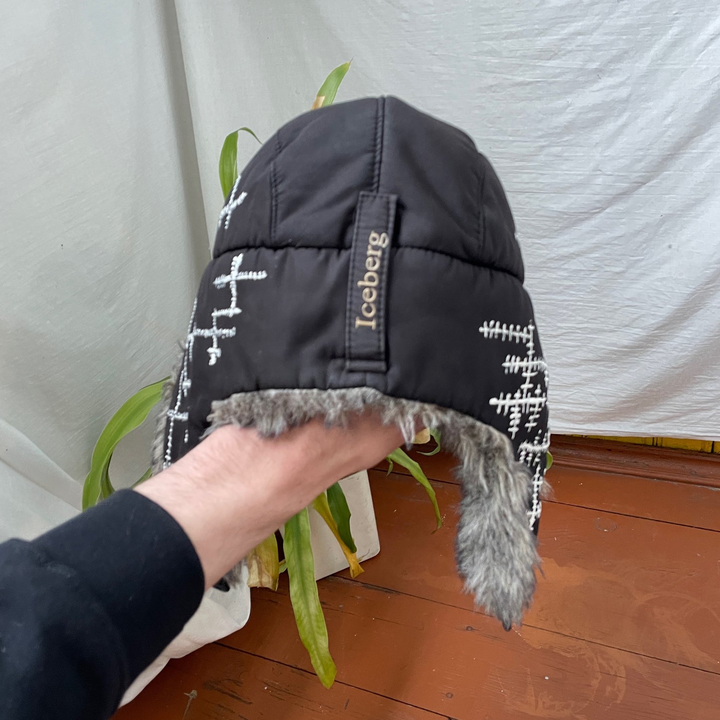 Custom Crosswork Trapper Hat – Black Winter Hat with White Print & Faux Fur | Y2K Alt Streetwear 1 of 1