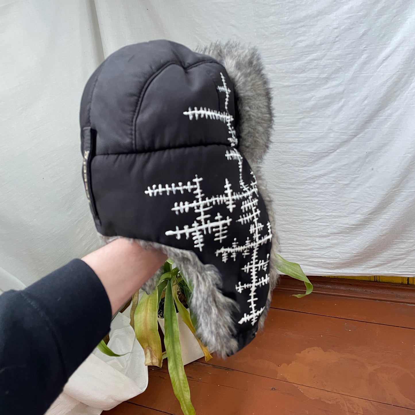 Custom Crosswork Trapper Hat – Black Winter Hat with White Print & Faux Fur | Y2K Alt Streetwear 1 of 1