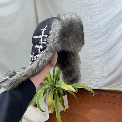 Custom Crosswork Trapper Hat – Black Winter Hat with White Print & Faux Fur | Y2K Alt Streetwear 1 of 1