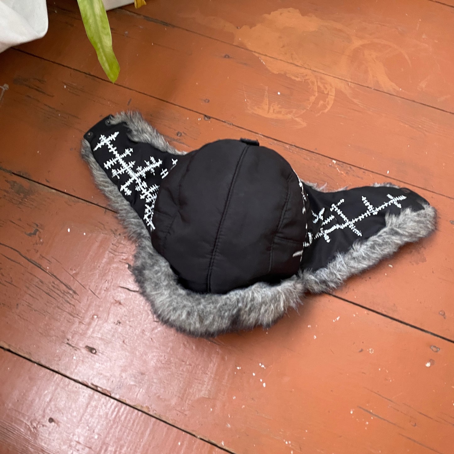 Custom Crosswork Trapper Hat – Black Winter Hat with White Print & Faux Fur | Y2K Alt Streetwear 1 of 1