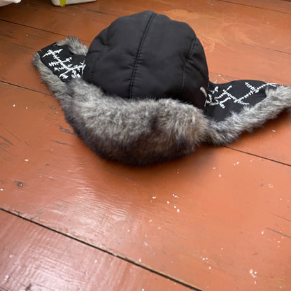 Custom Crosswork Trapper Hat – Black Winter Hat with White Print & Faux Fur | Y2K Alt Streetwear 1 of 1