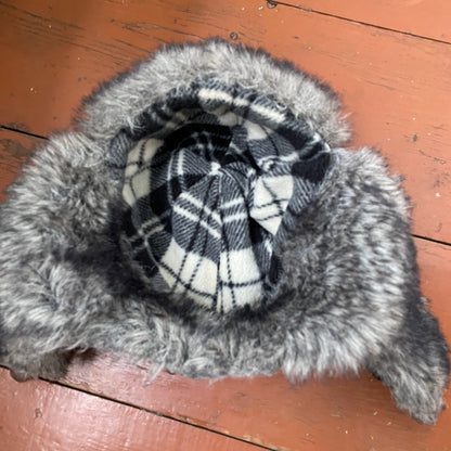Custom Crosswork Trapper Hat – Black Winter Hat with White Print & Faux Fur | Y2K Alt Streetwear 1 of 1