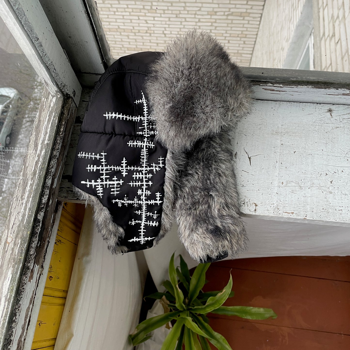 Custom Crosswork Trapper Hat – Black Winter Hat with White Print & Faux Fur | Y2K Alt Streetwear 1 of 1