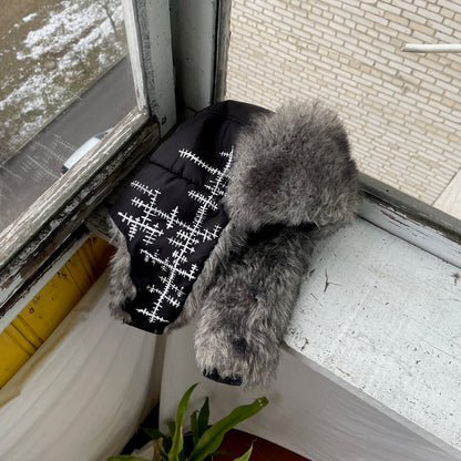 Custom Crosswork Trapper Hat – Black Winter Hat with White Print & Faux Fur | Y2K Alt Streetwear 1 of 1