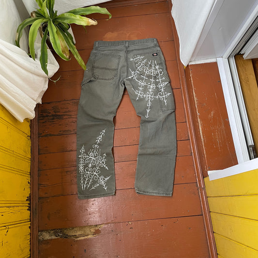 Custom Dickies Crosswork Pants – Handprinted White Graphic on Grey | Vintage Workwear Y2K Alt Streetwear 1 of 1