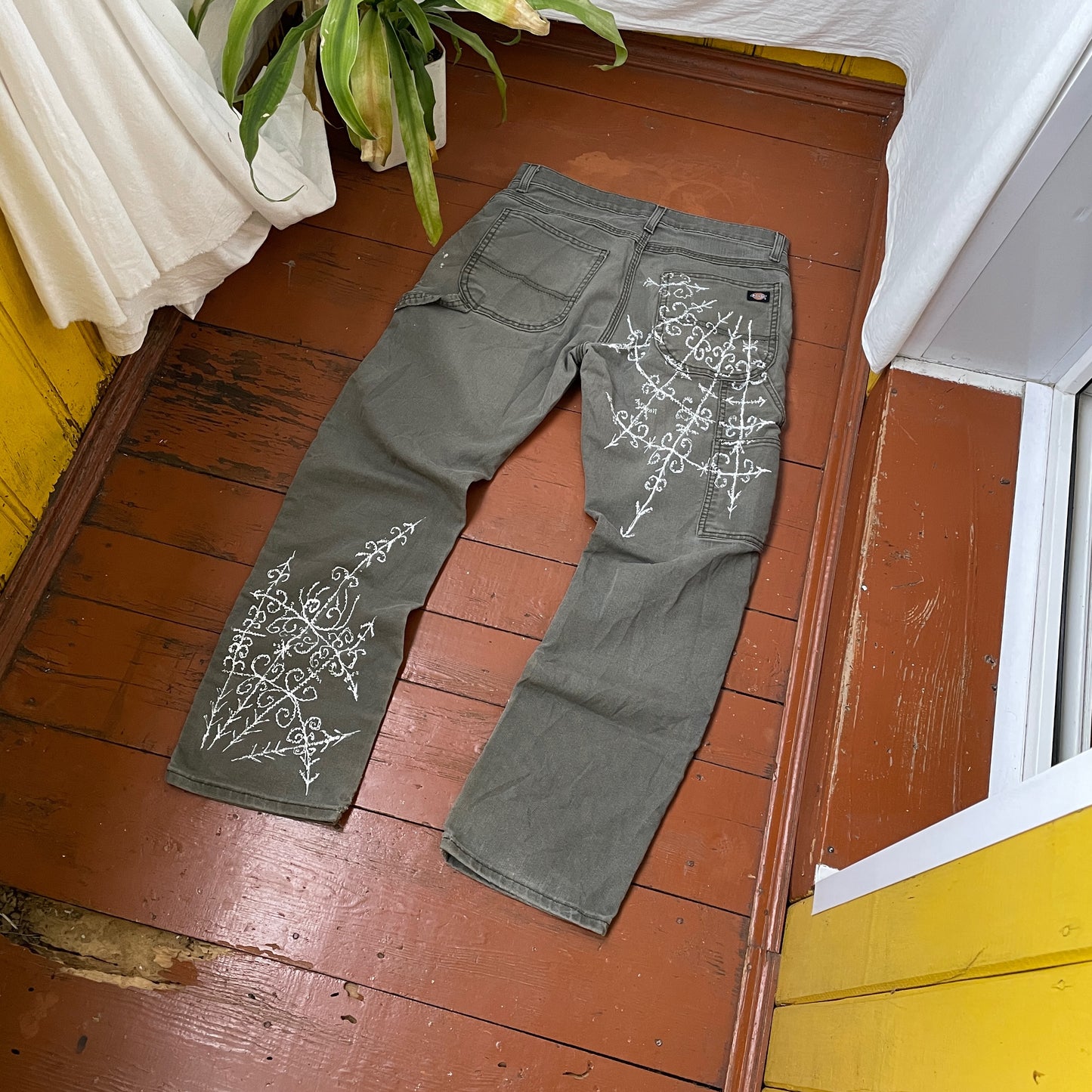 Custom Dickies Crosswork Pants – Handprinted White Graphic on Grey | Vintage Workwear Y2K Alt Streetwear 1 of 1