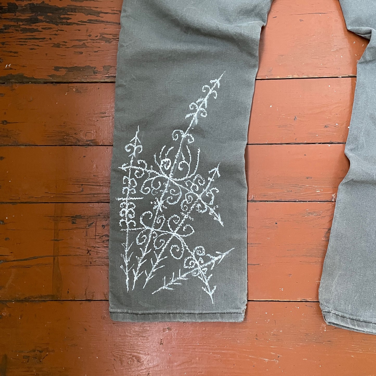 Custom Dickies Crosswork Pants – Handprinted White Graphic on Grey | Vintage Workwear Y2K Alt Streetwear 1 of 1