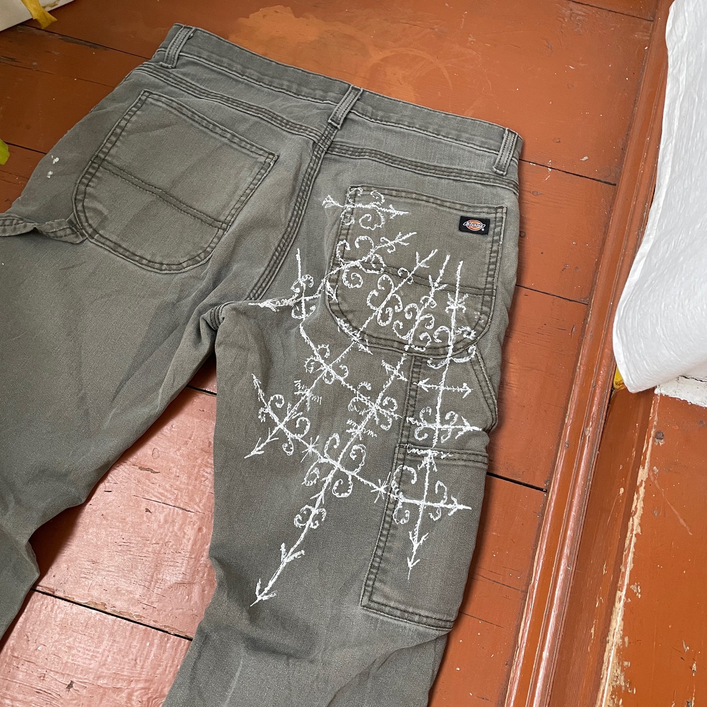 Custom Dickies Crosswork Pants – Handprinted White Graphic on Grey | Vintage Workwear Y2K Alt Streetwear 1 of 1