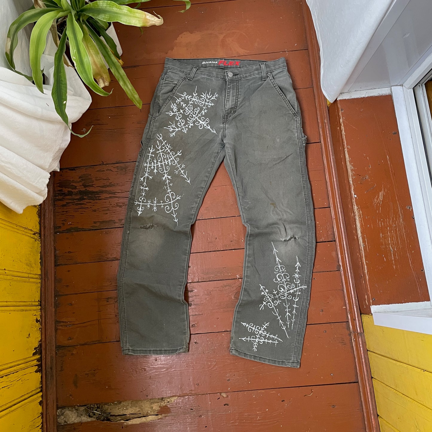 Custom Dickies Crosswork Pants – Handprinted White Graphic on Grey | Vintage Workwear Y2K Alt Streetwear 1 of 1