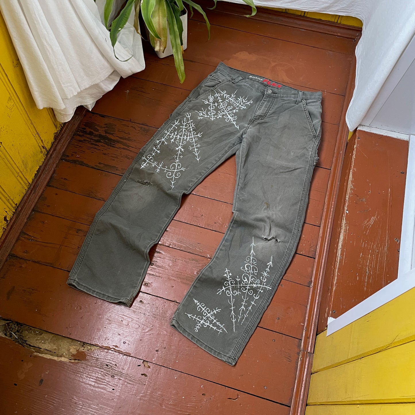 Custom Dickies Crosswork Pants – Handprinted White Graphic on Grey | Vintage Workwear Y2K Alt Streetwear 1 of 1