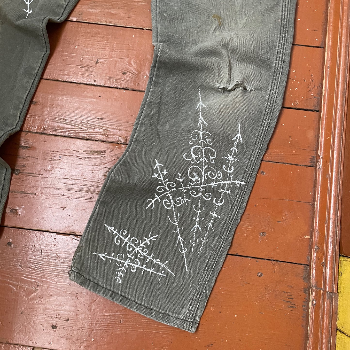 Custom Dickies Crosswork Pants – Handprinted White Graphic on Grey | Vintage Workwear Y2K Alt Streetwear 1 of 1