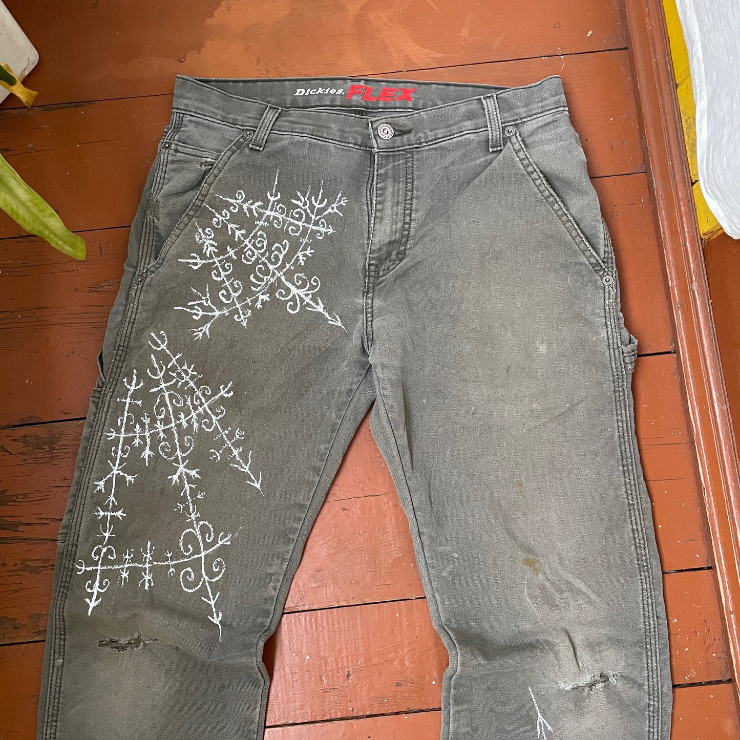 Custom Dickies Crosswork Pants – Handprinted White Graphic on Grey | Vintage Workwear Y2K Alt Streetwear 1 of 1