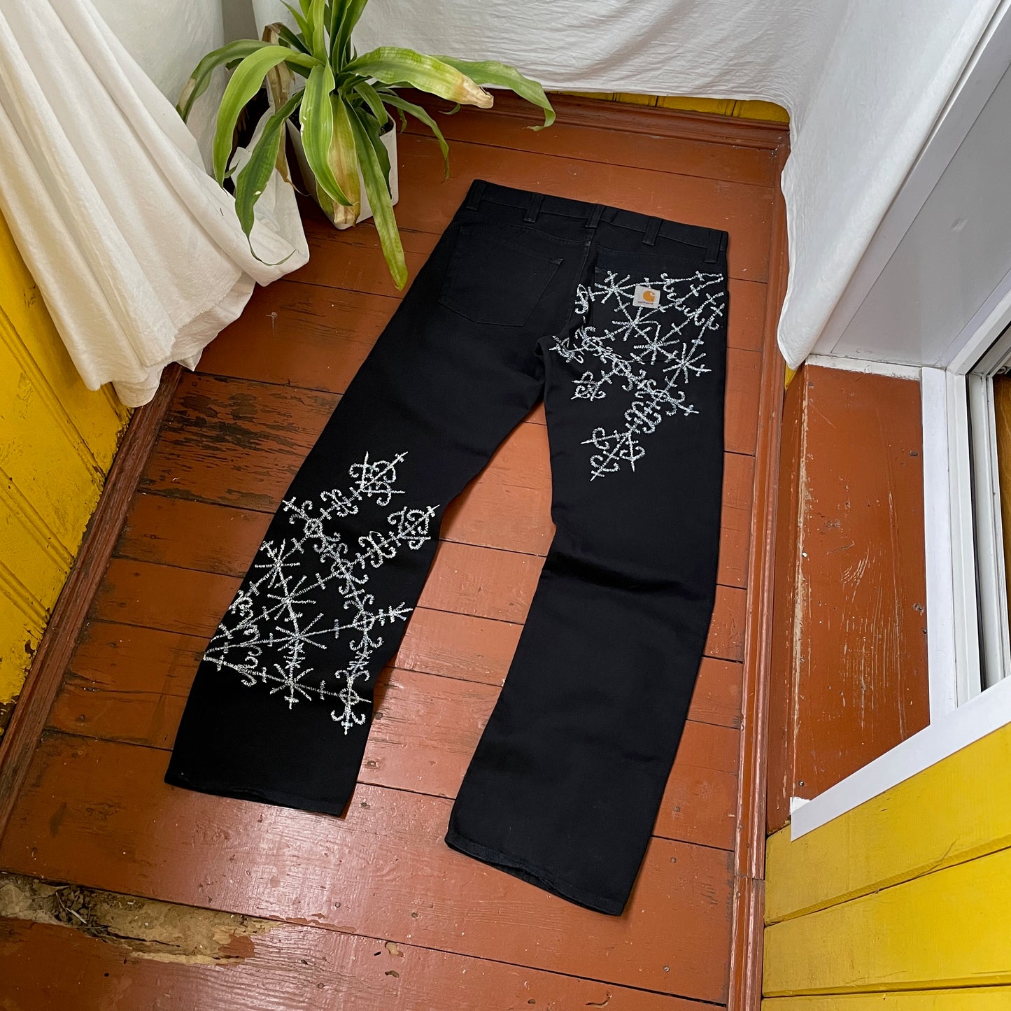 Custom Carhartt Black Pants – Handprinted Cross | Vintage Workwear 1 of 1