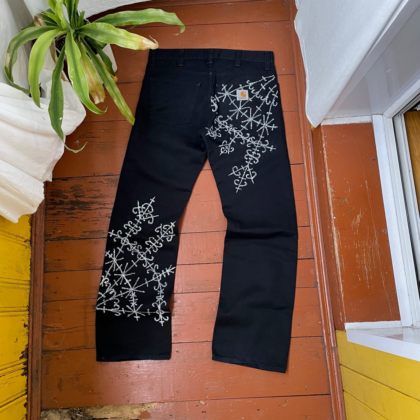 Custom Carhartt Black Pants – Handprinted Cross | Vintage Workwear 1 of 1