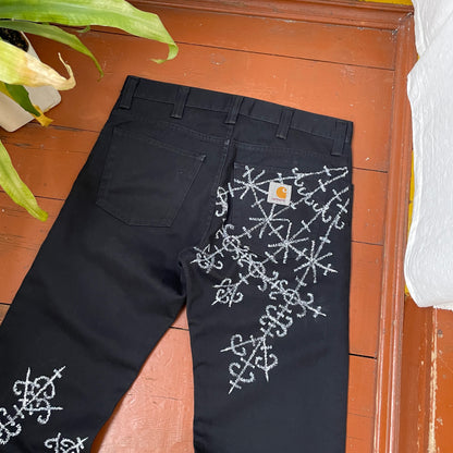 Custom Carhartt Black Pants – Handprinted Cross | Vintage Workwear 1 of 1