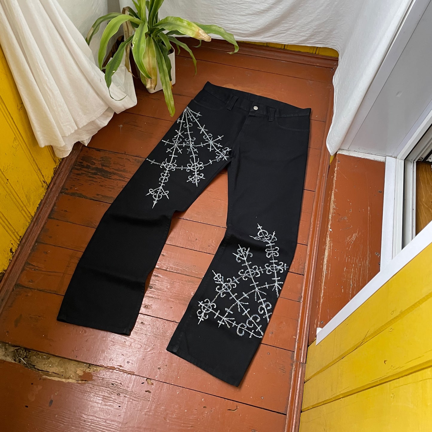 Custom Carhartt Black Pants – Handprinted Cross | Vintage Workwear 1 of 1
