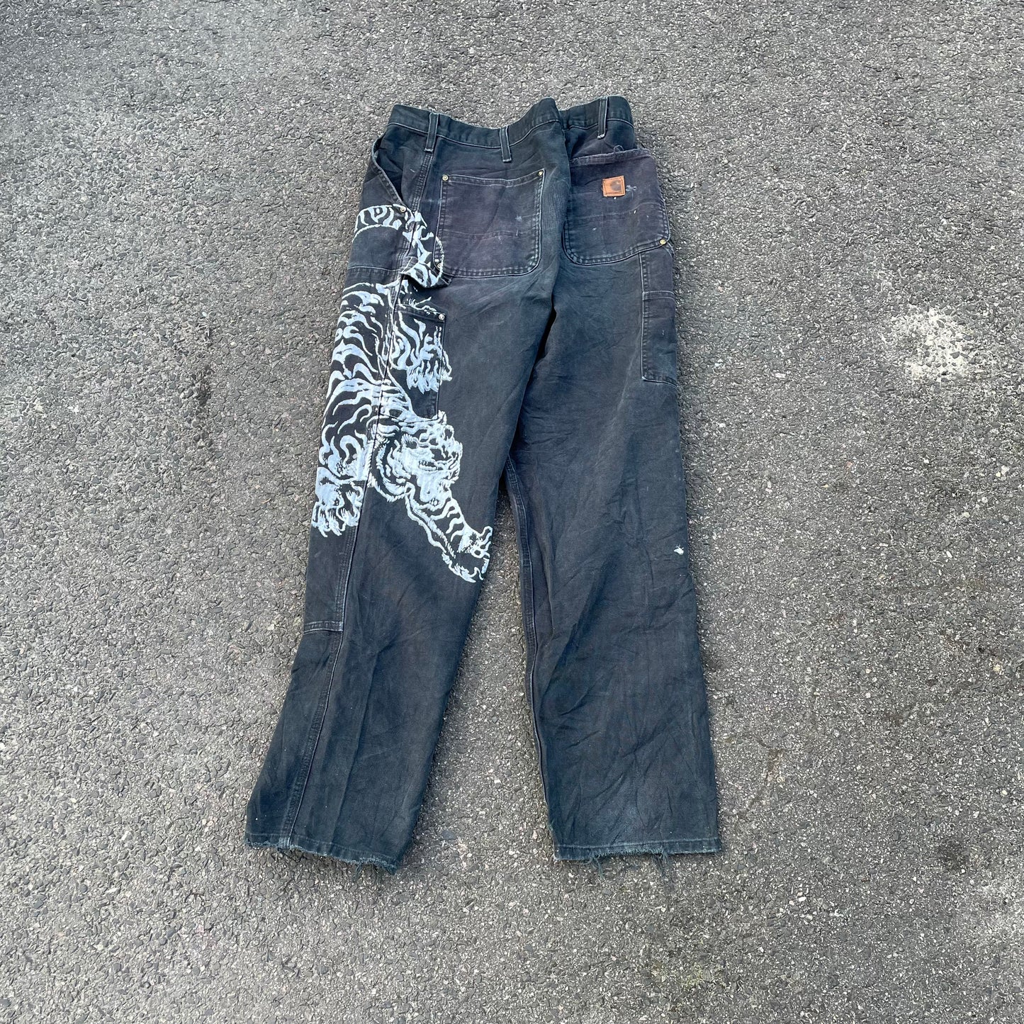 Custom Carhartt Double Knee Black Pants – Vintage Workwear with Tiger Print | 90s Distressed 1 of 1