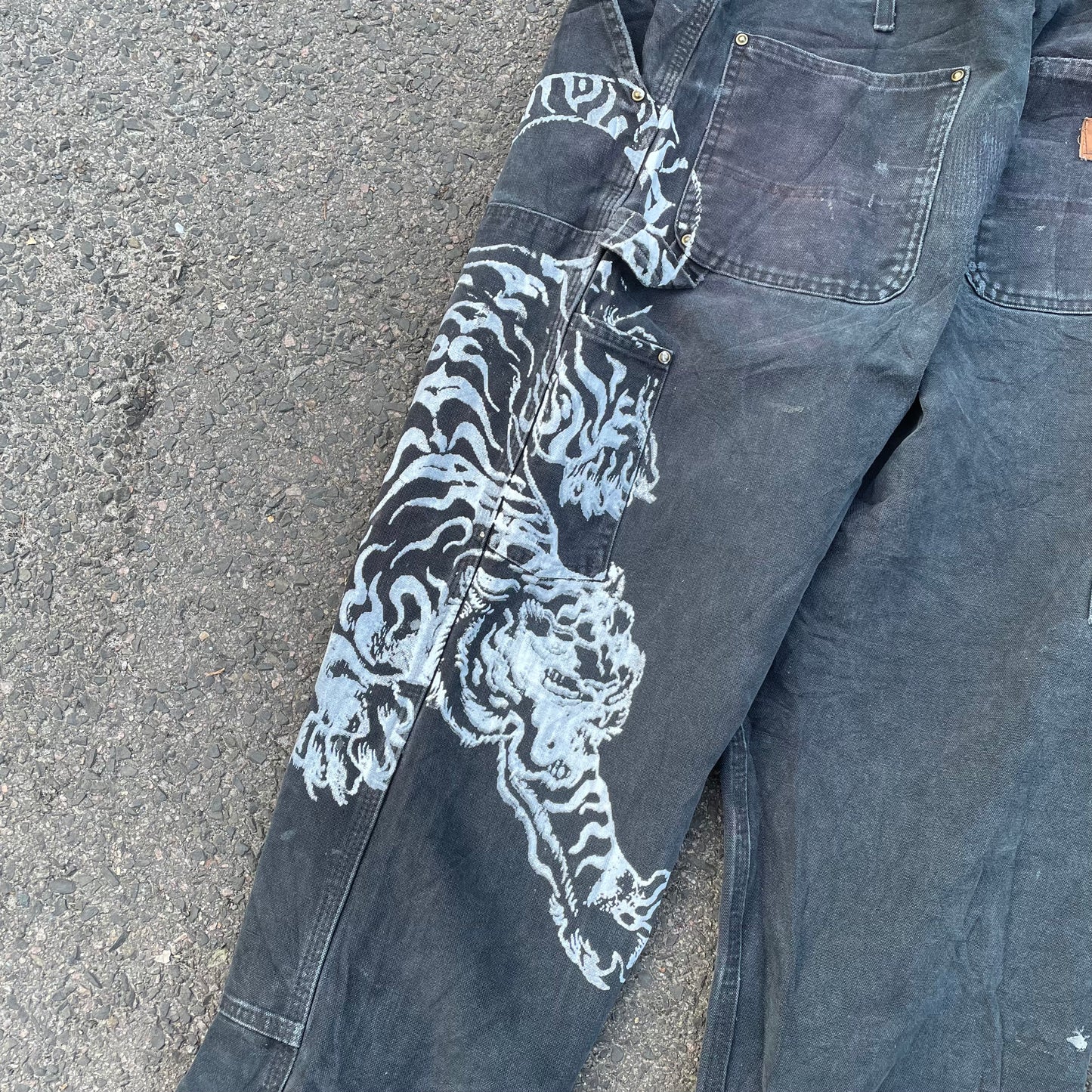 Custom Carhartt Double Knee Black Pants – Vintage Workwear with Tiger Print | 90s Distressed 1 of 1
