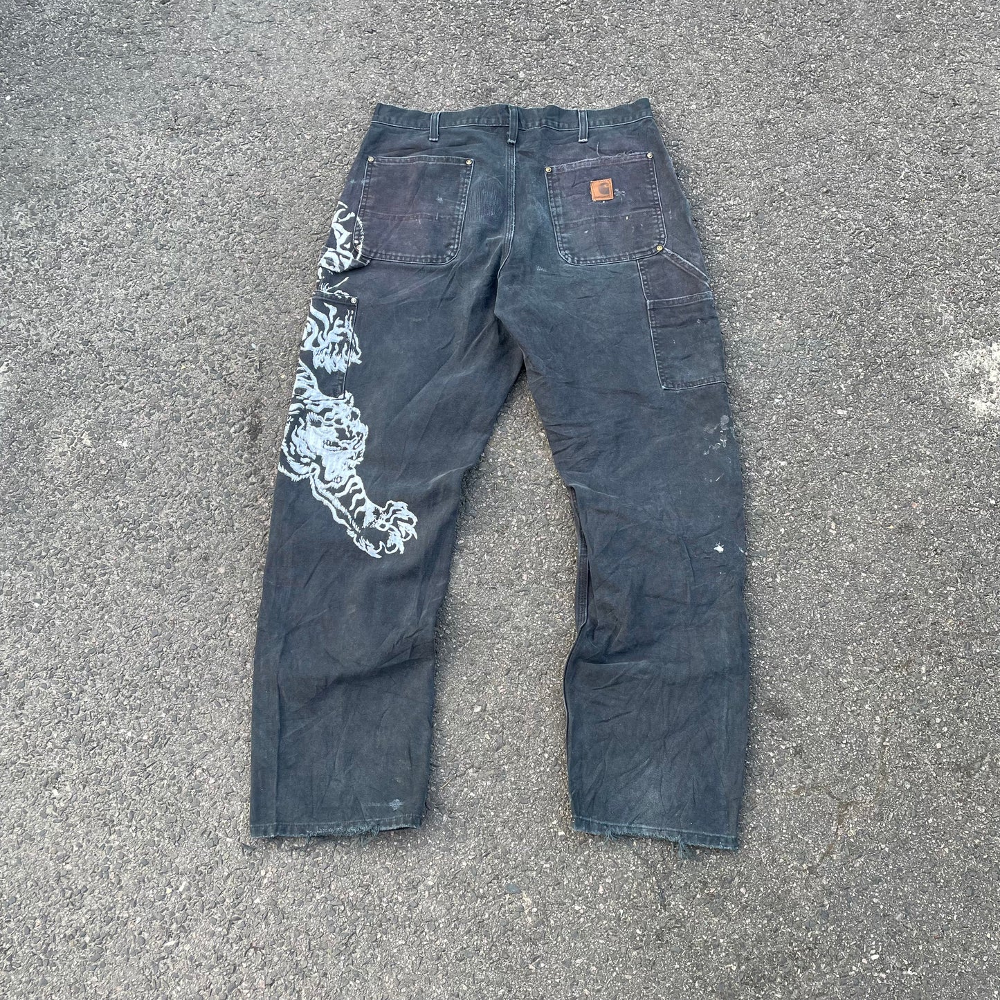 Custom Carhartt Double Knee Black Pants – Vintage Workwear with Tiger Print | 90s Distressed 1 of 1