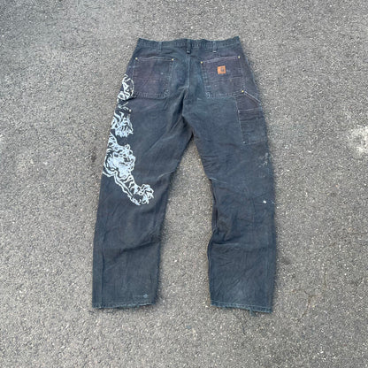 Custom Carhartt Double Knee Black Pants – Vintage Workwear with Tiger Print | 90s Distressed 1 of 1