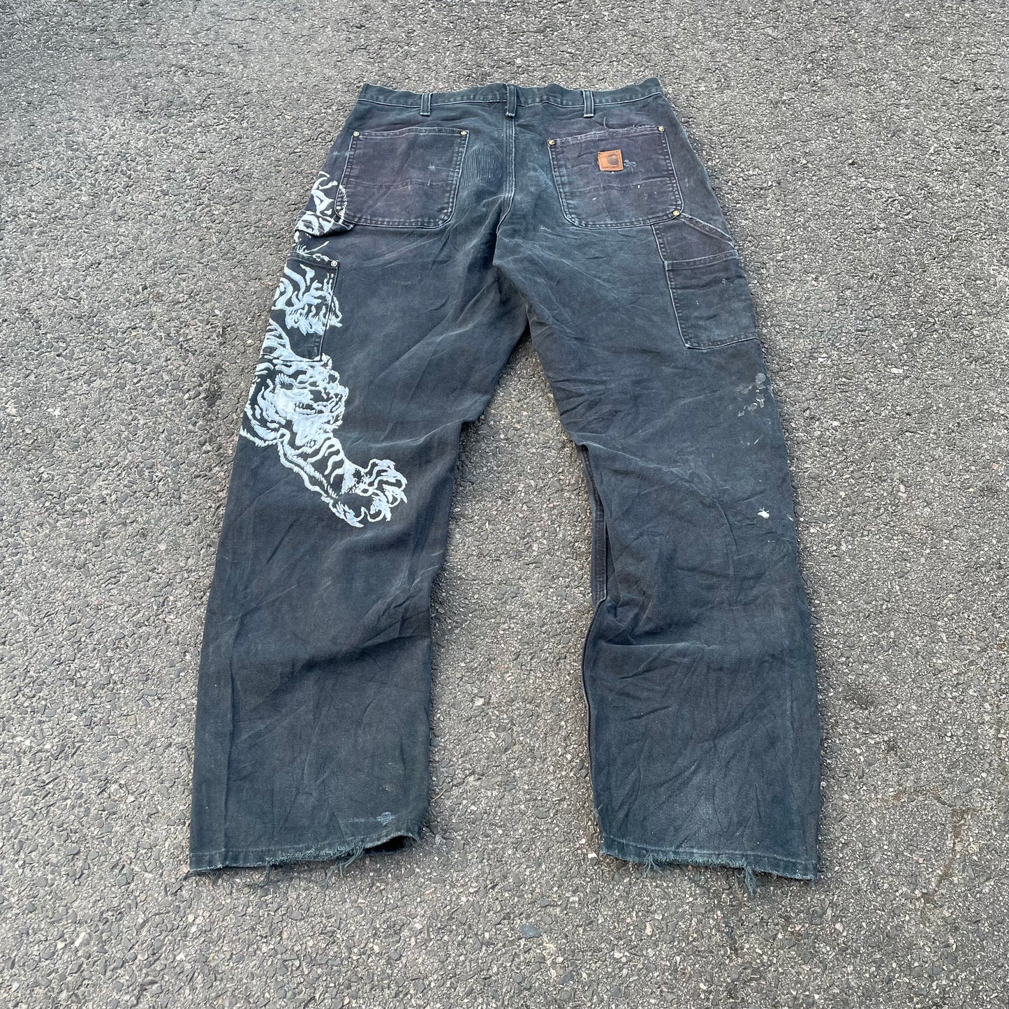Custom Carhartt Double Knee Black Pants – Vintage Workwear with Tiger Print | 90s Distressed 1 of 1