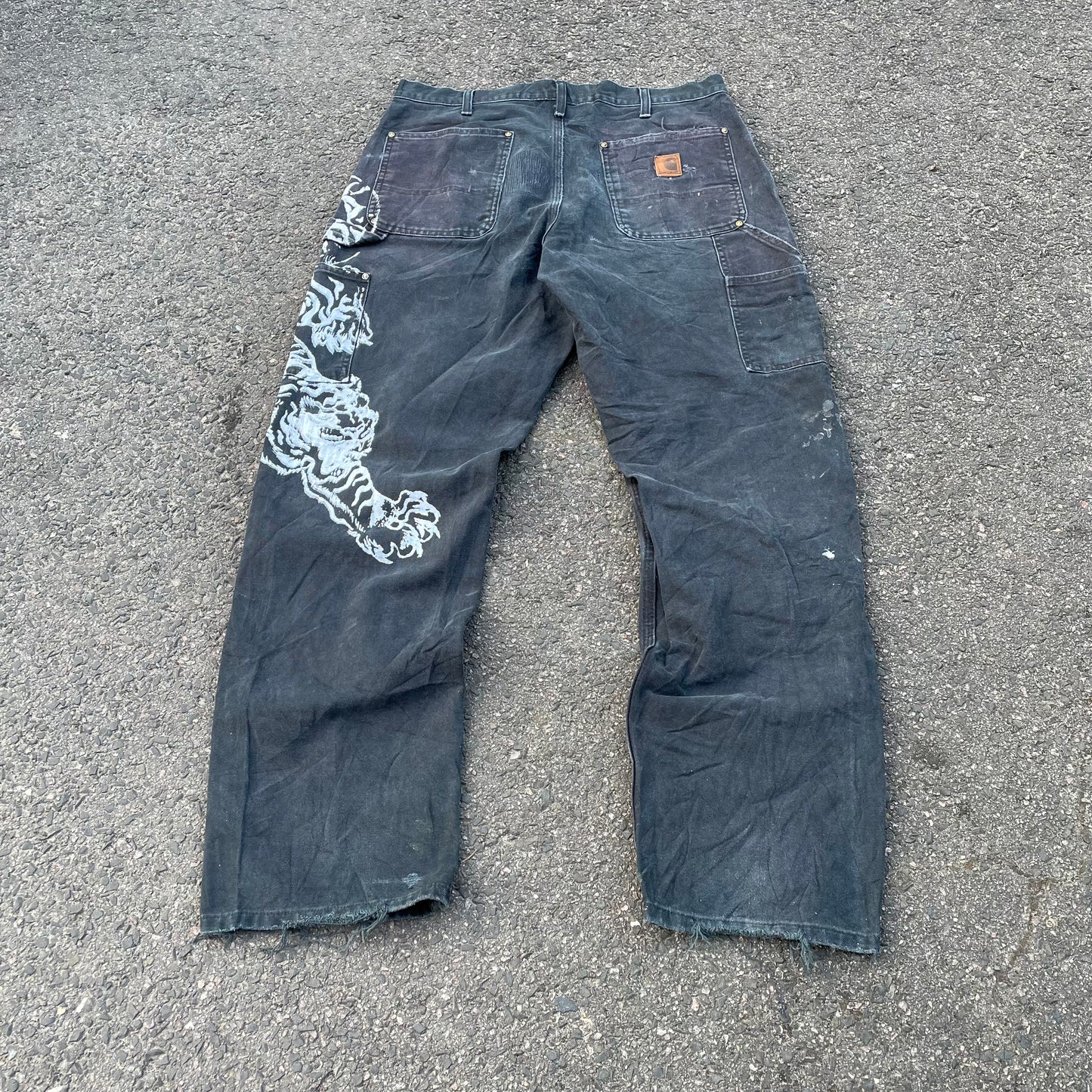Custom Carhartt Double Knee Black Pants – Vintage Workwear with Tiger Print | 90s Distressed 1 of 1