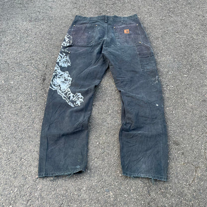 Custom Carhartt Double Knee Black Pants – Vintage Workwear with Tiger Print | 90s Distressed 1 of 1
