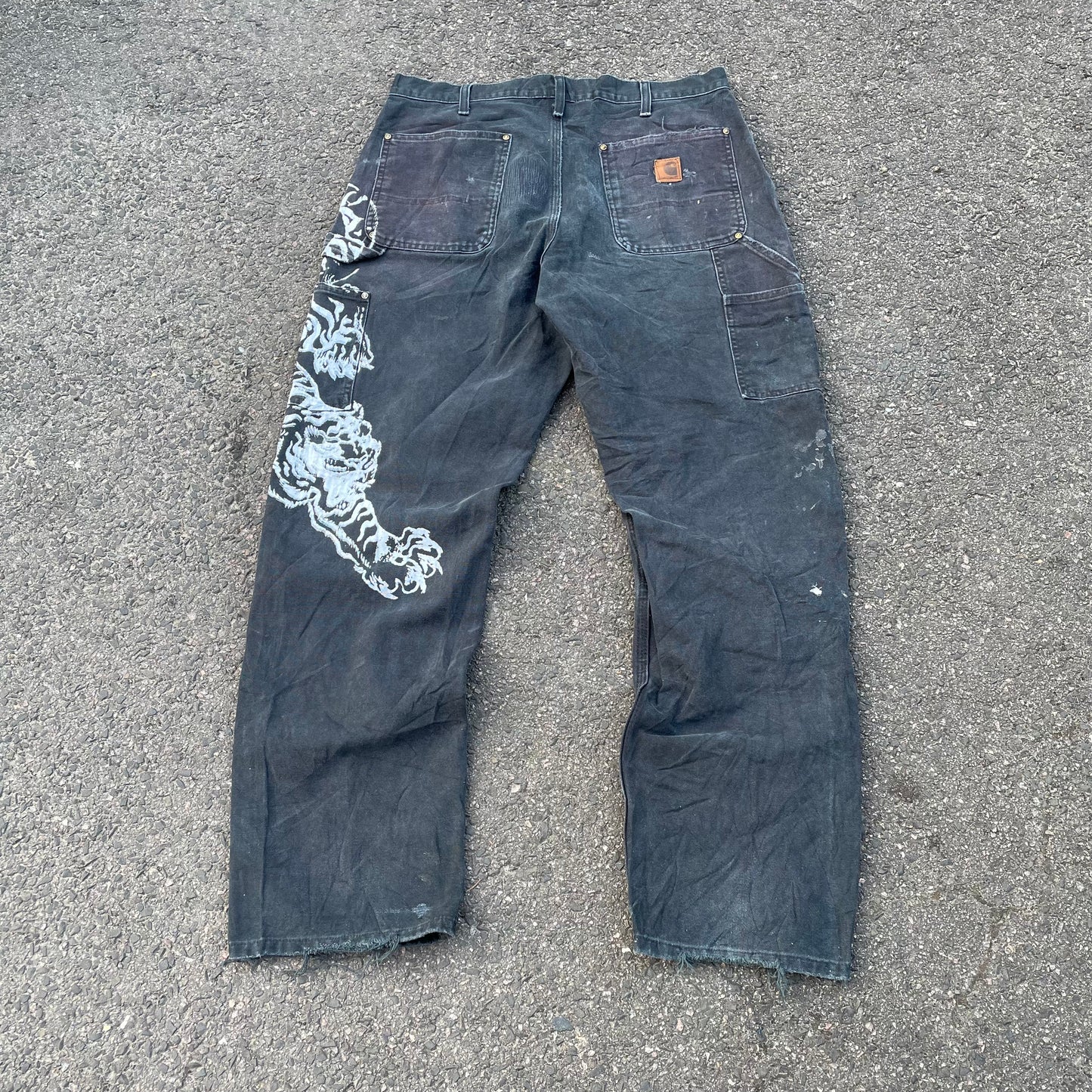 Custom Carhartt Double Knee Black Pants – Vintage Workwear with Tiger Print | 90s Distressed 1 of 1