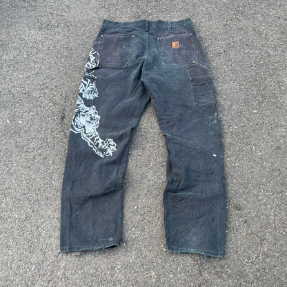 Custom Carhartt Double Knee Black Pants – Vintage Workwear with Tiger Print | 90s Distressed 1 of 1