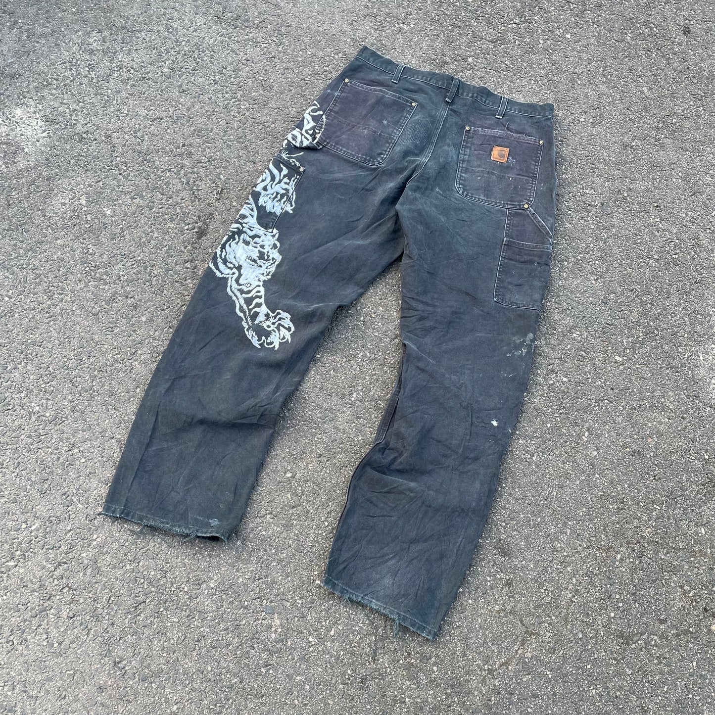 Custom Carhartt Double Knee Black Pants – Vintage Workwear with Tiger Print | 90s Distressed 1 of 1