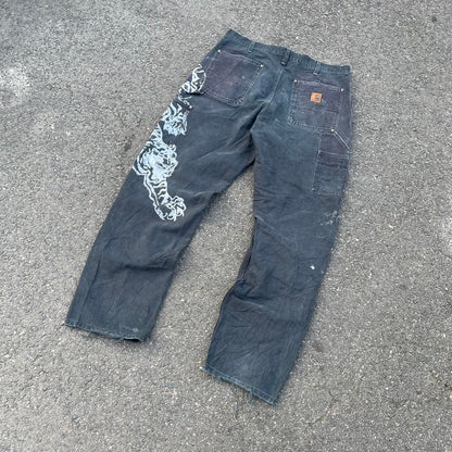 Custom Carhartt Double Knee Black Pants – Vintage Workwear with Tiger Print | 90s Distressed 1 of 1