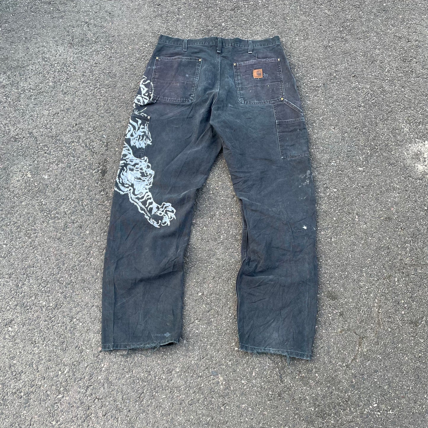 Custom Carhartt Double Knee Black Pants – Vintage Workwear with Tiger Print | 90s Distressed 1 of 1