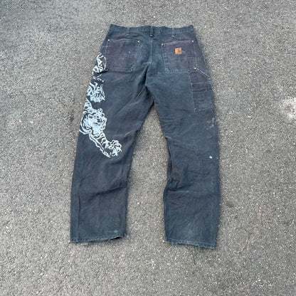 Custom Carhartt Double Knee Black Pants – Vintage Workwear with Tiger Print | 90s Distressed 1 of 1