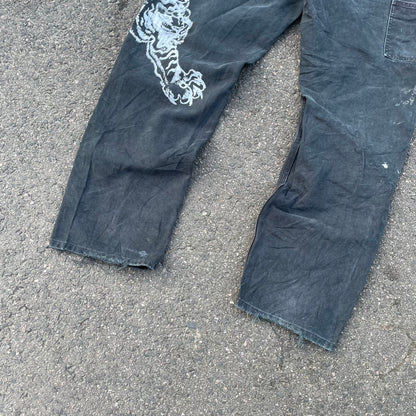 Custom Carhartt Double Knee Black Pants – Vintage Workwear with Tiger Print | 90s Distressed 1 of 1
