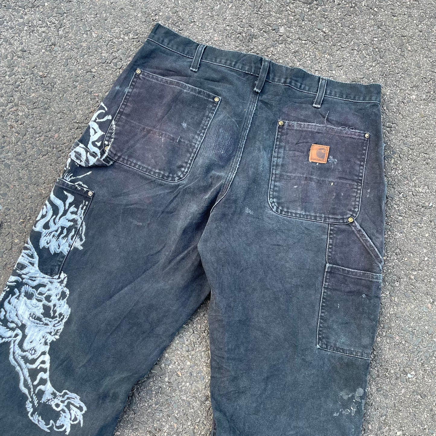 Custom Carhartt Double Knee Black Pants – Vintage Workwear with Tiger Print | 90s Distressed 1 of 1