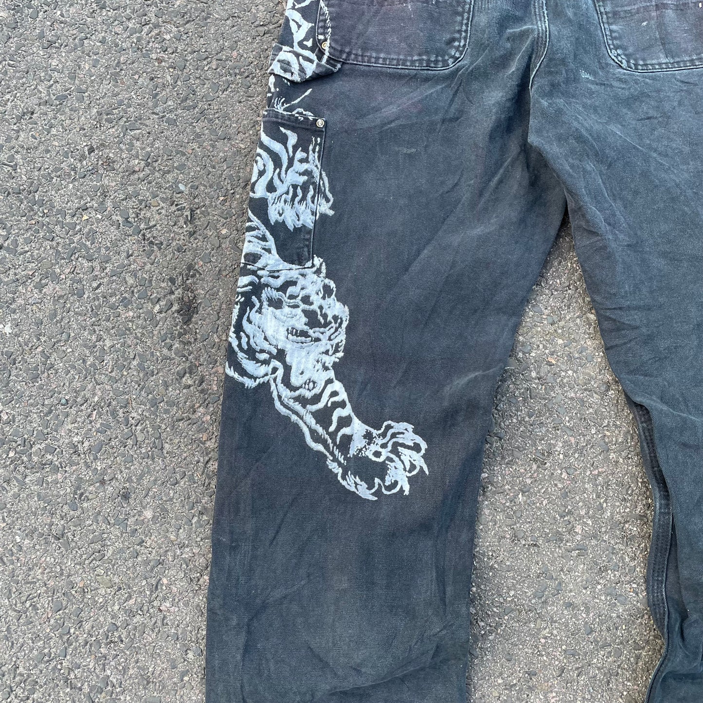Custom Carhartt Double Knee Black Pants – Vintage Workwear with Tiger Print | 90s Distressed 1 of 1