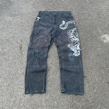 Custom Carhartt Double Knee Black Pants – Vintage Workwear with Tiger Print | 90s Distressed 1 of 1