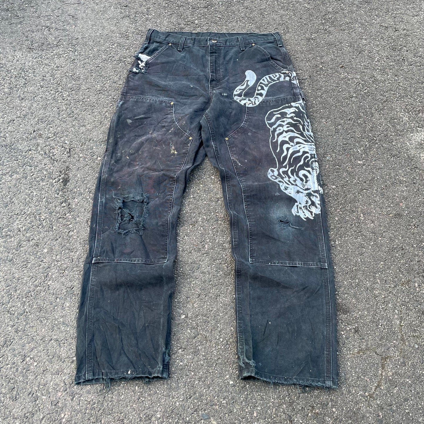 Custom Carhartt Double Knee Black Pants – Vintage Workwear with Tiger Print | 90s Distressed 1 of 1