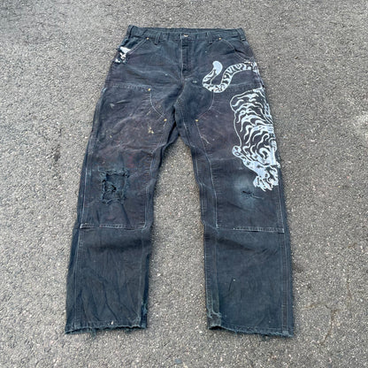Custom Carhartt Double Knee Black Pants – Vintage Workwear with Tiger Print | 90s Distressed 1 of 1