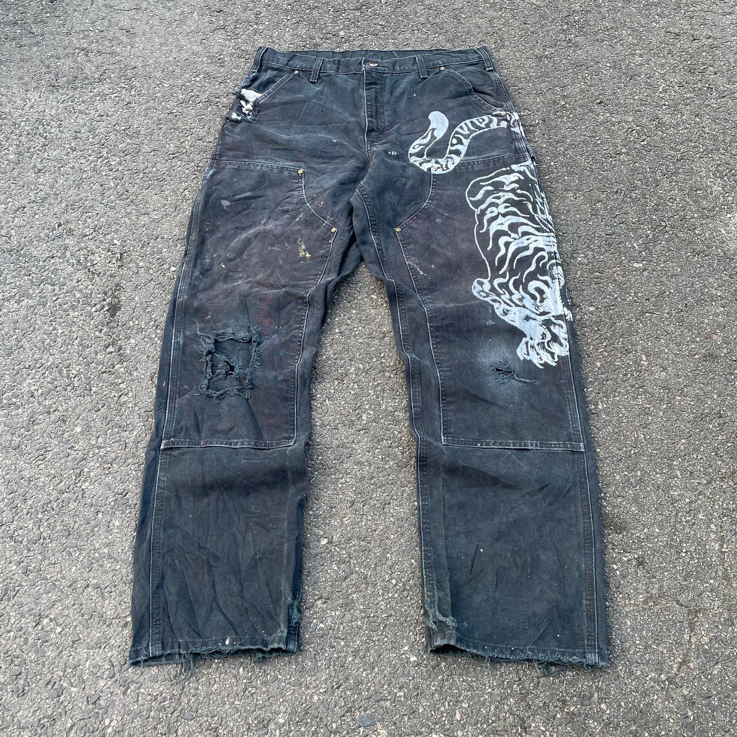 Custom Carhartt Double Knee Black Pants – Vintage Workwear with Tiger Print | 90s Distressed 1 of 1