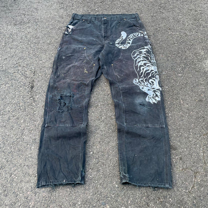 Custom Carhartt Double Knee Black Pants – Vintage Workwear with Tiger Print | 90s Distressed 1 of 1