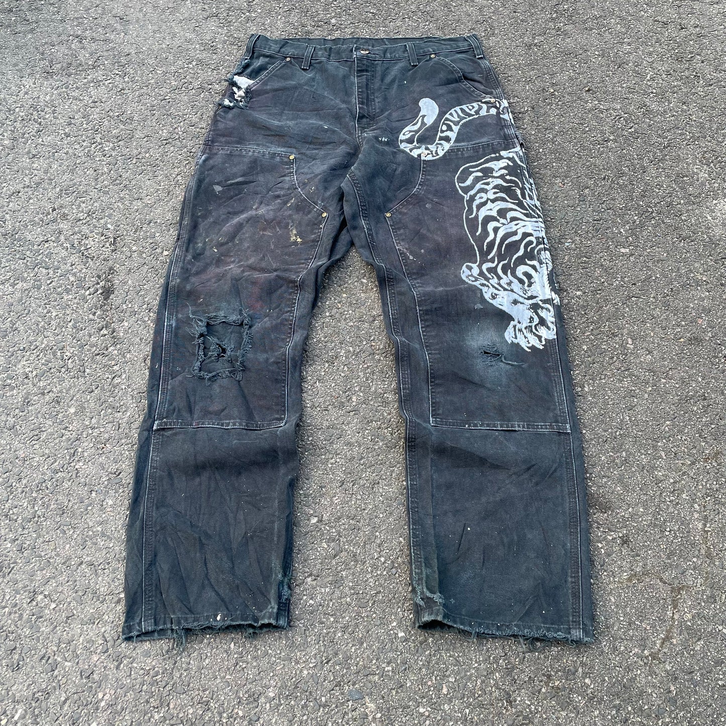 Custom Carhartt Double Knee Black Pants – Vintage Workwear with Tiger Print | 90s Distressed 1 of 1