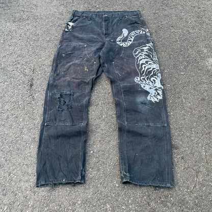 Custom Carhartt Double Knee Black Pants – Vintage Workwear with Tiger Print | 90s Distressed 1 of 1