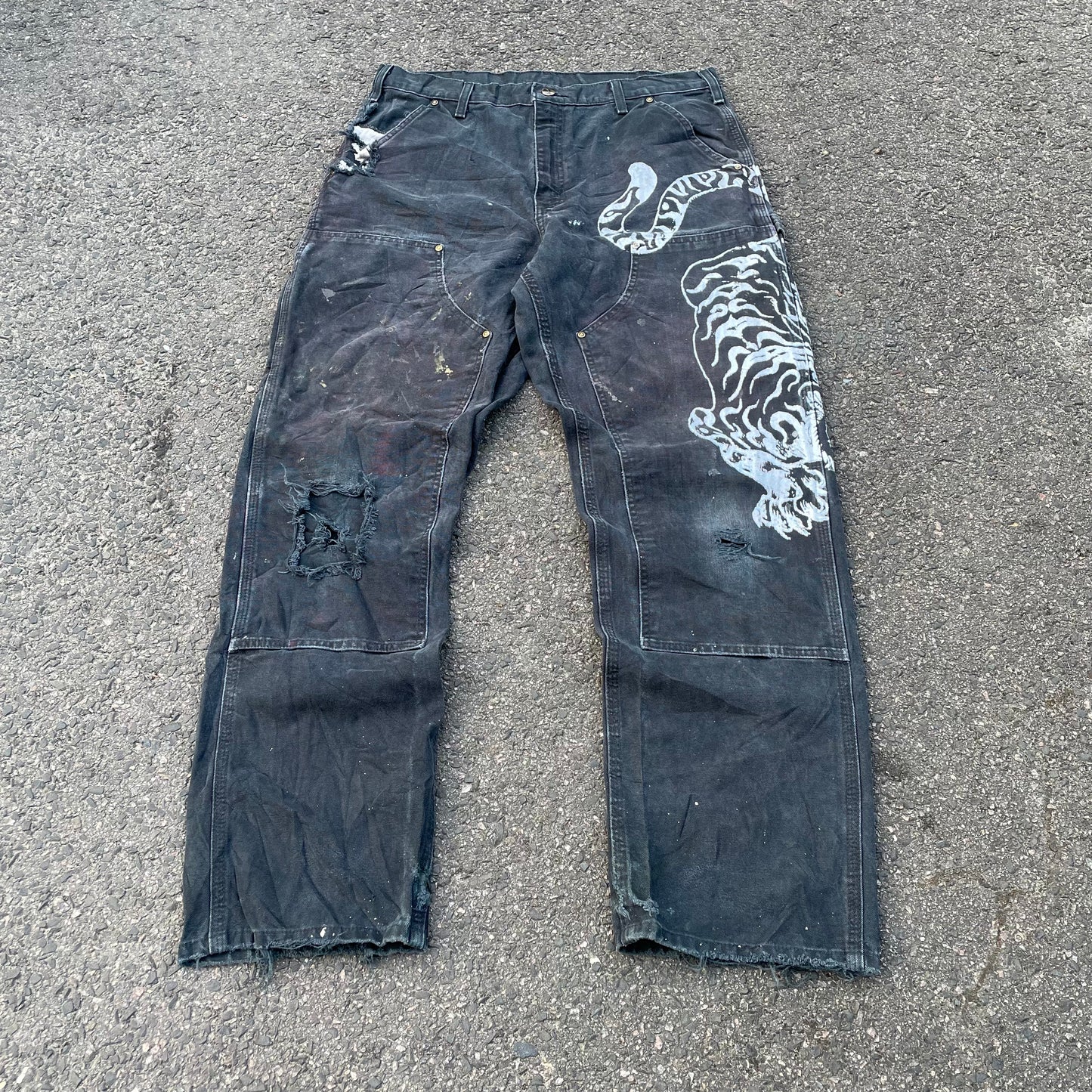 Custom Carhartt Double Knee Black Pants – Vintage Workwear with Tiger Print | 90s Distressed 1 of 1
