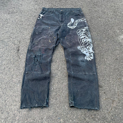 Custom Carhartt Double Knee Black Pants – Vintage Workwear with Tiger Print | 90s Distressed 1 of 1