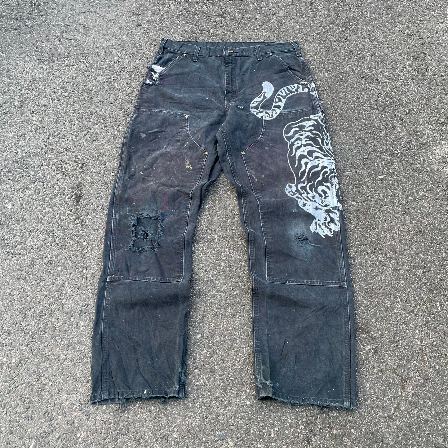 Custom Carhartt Double Knee Black Pants – Vintage Workwear with Tiger Print | 90s Distressed 1 of 1