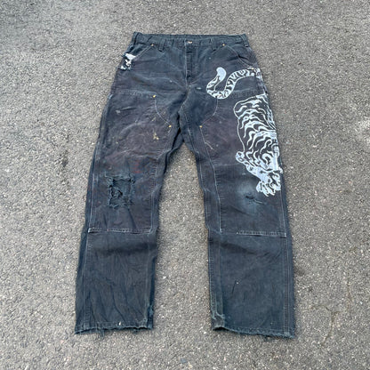 Custom Carhartt Double Knee Black Pants – Vintage Workwear with Tiger Print | 90s Distressed 1 of 1