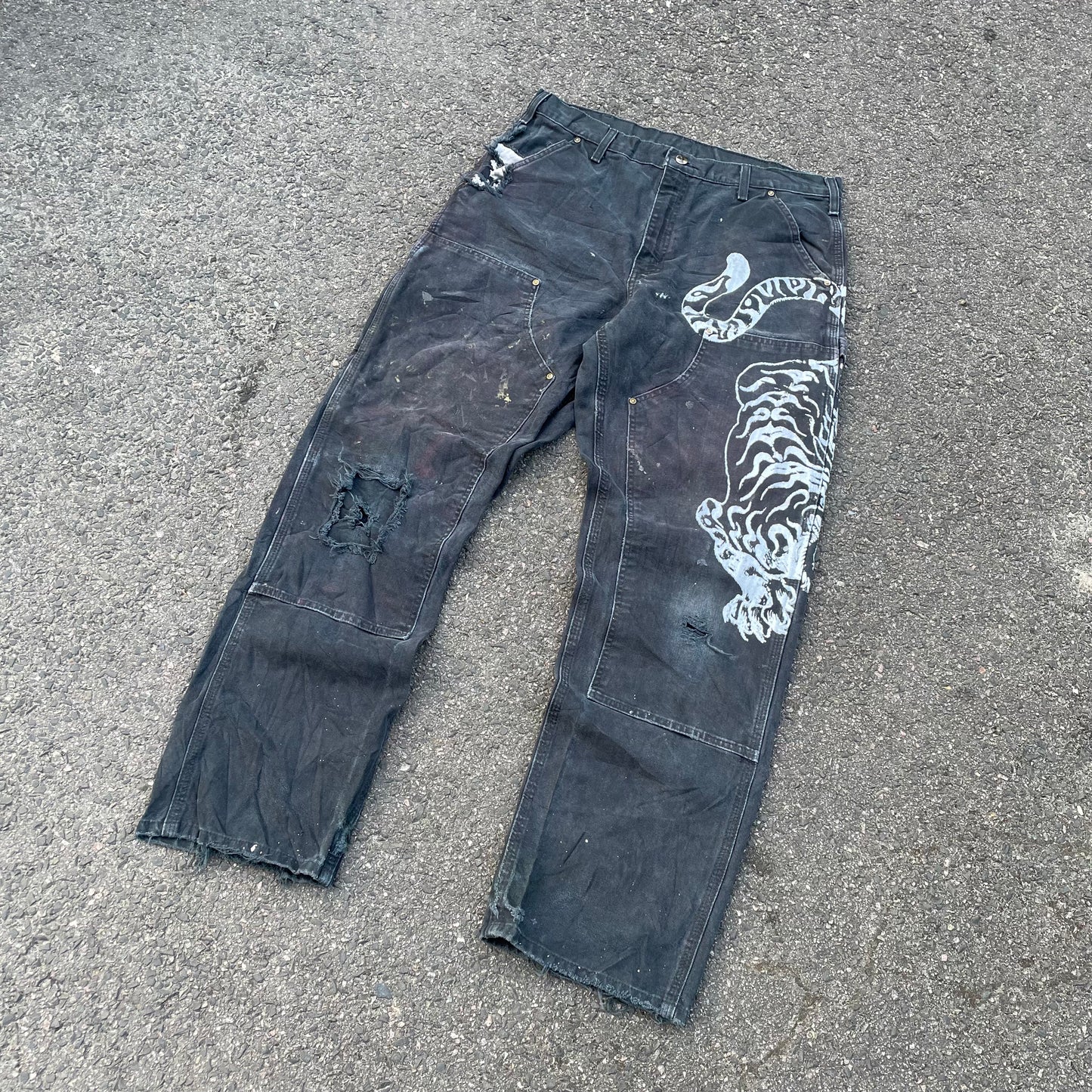 Custom Carhartt Double Knee Black Pants – Vintage Workwear with Tiger Print | 90s Distressed 1 of 1