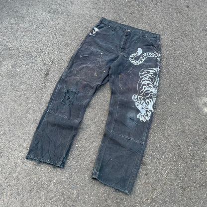 Custom Carhartt Double Knee Black Pants – Vintage Workwear with Tiger Print | 90s Distressed 1 of 1